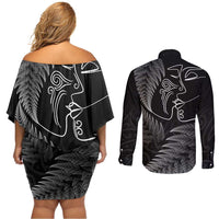 New Zealand Valentine's Day Couples Matching Off Shoulder Short Dress and Long Sleeve Button Shirt Silver Fern and Line Art Love Couple LT03 - Polynesian Pride