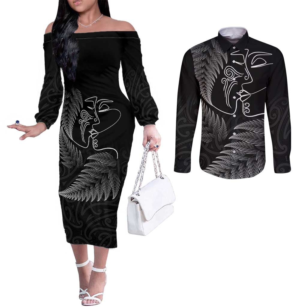 New Zealand Valentine's Day Couples Matching Off The Shoulder Long Sleeve Dress and Long Sleeve Button Shirt Silver Fern and Line Art Love Couple LT03 Black - Polynesian Pride