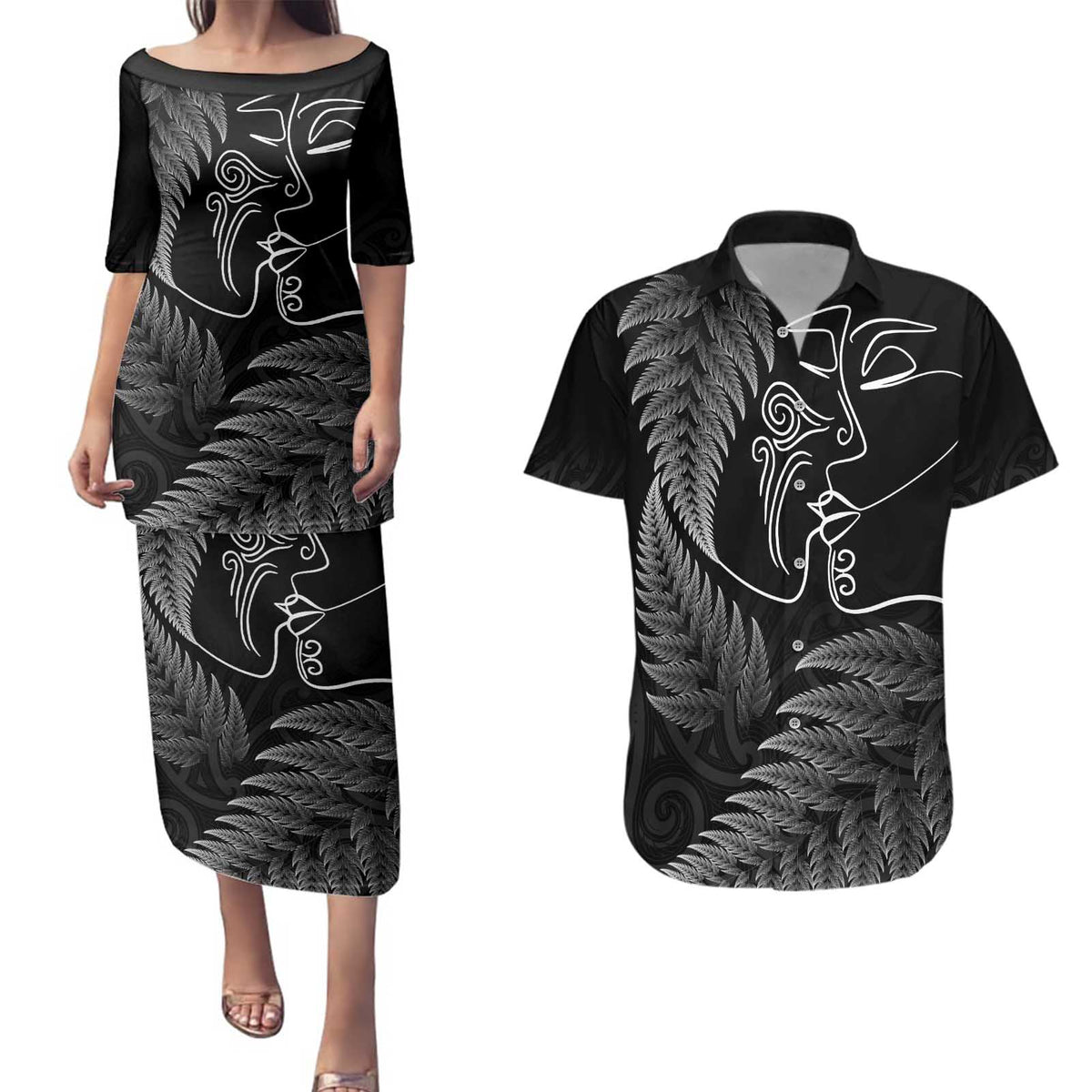 New Zealand Valentine's Day Couples Matching Puletasi and Hawaiian Shirt Silver Fern and Line Art Love Couple LT03 Black - Polynesian Pride