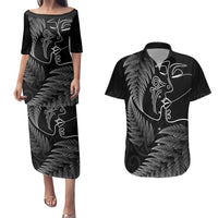 New Zealand Valentine's Day Couples Matching Puletasi and Hawaiian Shirt Silver Fern and Line Art Love Couple LT03 Black - Polynesian Pride