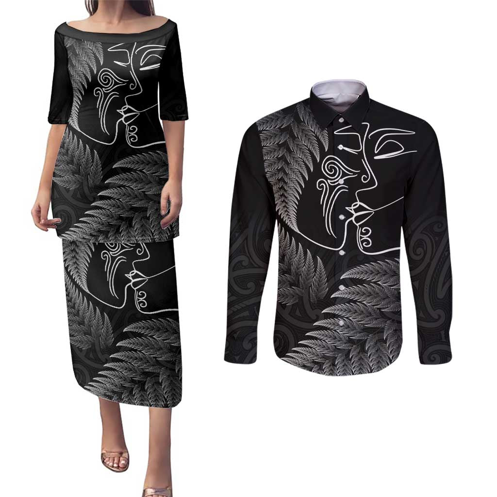 New Zealand Valentine's Day Couples Matching Puletasi and Long Sleeve Button Shirt Silver Fern and Line Art Love Couple LT03 Black - Polynesian Pride
