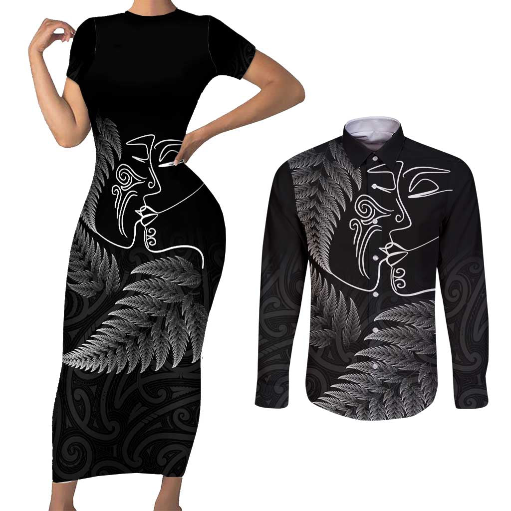 New Zealand Valentine's Day Couples Matching Short Sleeve Bodycon Dress and Long Sleeve Button Shirt Silver Fern and Line Art Love Couple LT03 Black - Polynesian Pride