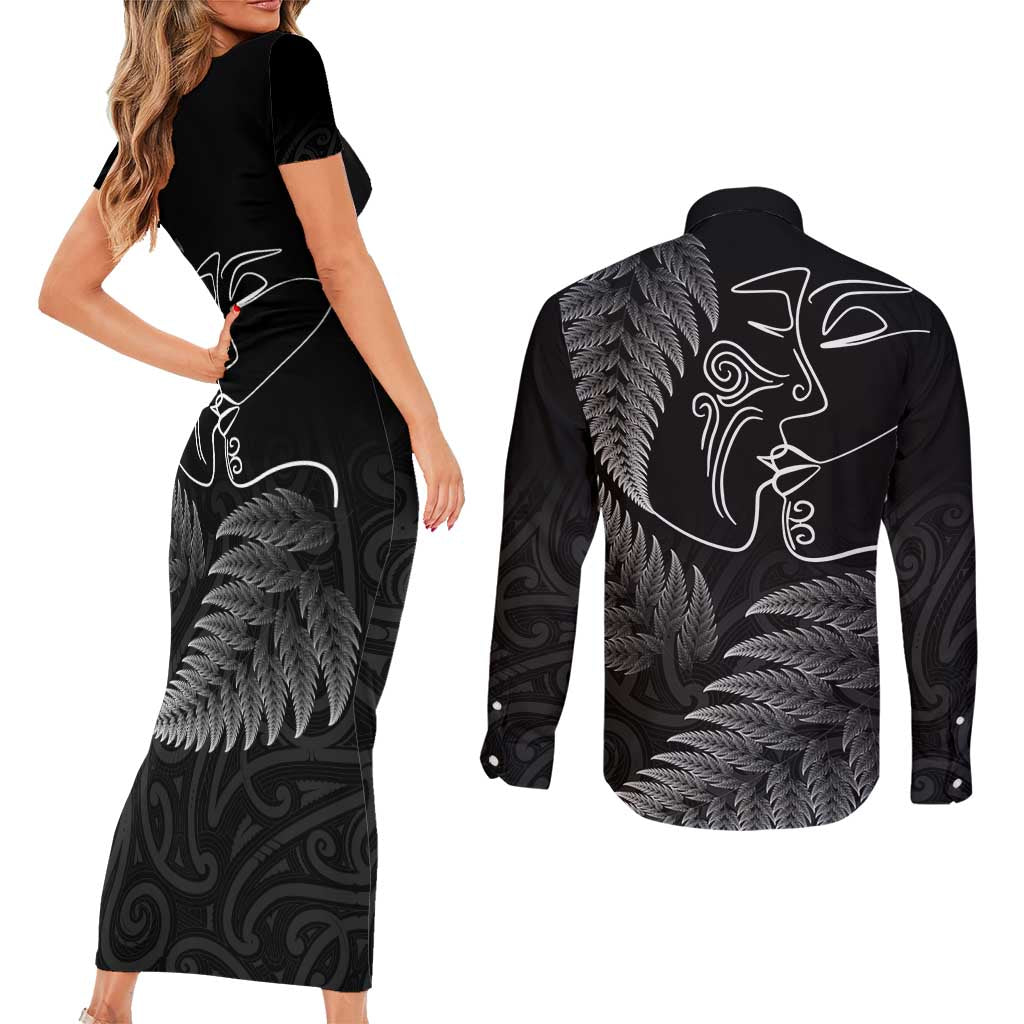 New Zealand Valentine's Day Couples Matching Short Sleeve Bodycon Dress and Long Sleeve Button Shirt Silver Fern and Line Art Love Couple LT03 - Polynesian Pride