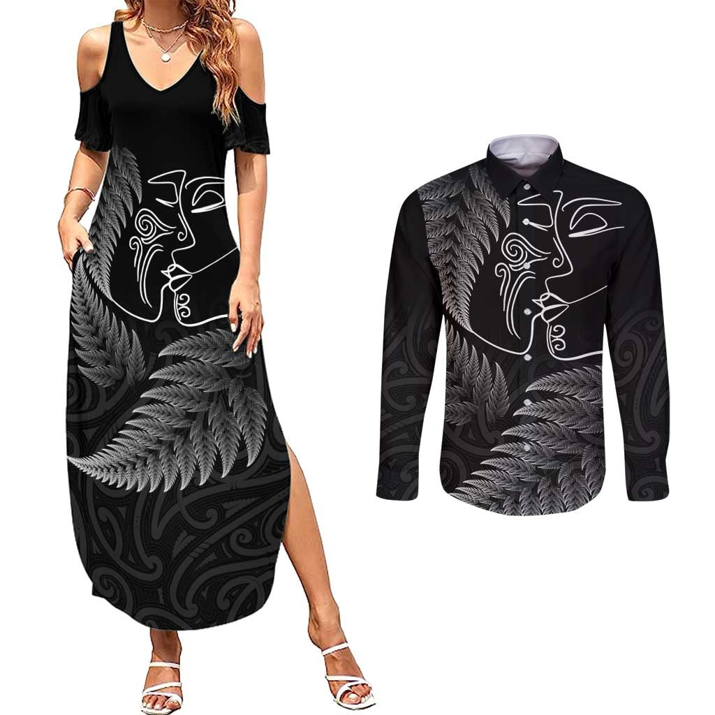 New Zealand Valentine's Day Couples Matching Summer Maxi Dress and Long Sleeve Button Shirt Silver Fern and Line Art Love Couple LT03 Black - Polynesian Pride