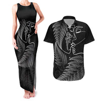 New Zealand Valentine's Day Couples Matching Tank Maxi Dress and Hawaiian Shirt Silver Fern and Line Art Love Couple LT03 Black - Polynesian Pride