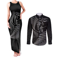 New Zealand Valentine's Day Couples Matching Tank Maxi Dress and Long Sleeve Button Shirt Silver Fern and Line Art Love Couple LT03 Black - Polynesian Pride