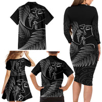 New Zealand Valentine's Day Family Matching Long Sleeve Bodycon Dress and Hawaiian Shirt Silver Fern and Line Art Love Couple LT03 - Polynesian Pride