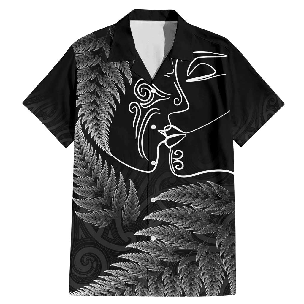 New Zealand Valentine's Day Family Matching Mermaid Dress and Hawaiian Shirt Silver Fern and Line Art Love Couple LT03 Dad's Shirt - Short Sleeve Black - Polynesian Pride
