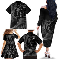 New Zealand Valentine's Day Family Matching Off The Shoulder Long Sleeve Dress and Hawaiian Shirt Silver Fern and Line Art Love Couple LT03 - Polynesian Pride