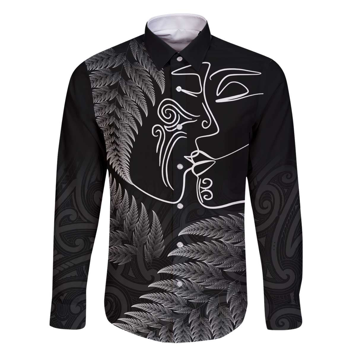New Zealand Valentine's Day Family Matching Off The Shoulder Long Sleeve Dress and Hawaiian Shirt Silver Fern and Line Art Love Couple LT03 Dad's Shirt - Long Sleeve Black - Polynesian Pride