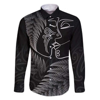 New Zealand Valentine's Day Family Matching Off The Shoulder Long Sleeve Dress and Hawaiian Shirt Silver Fern and Line Art Love Couple LT03 Dad's Shirt - Long Sleeve Black - Polynesian Pride