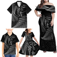 New Zealand Valentine's Day Family Matching Off Shoulder Maxi Dress and Hawaiian Shirt Silver Fern and Line Art Love Couple LT03 - Polynesian Pride