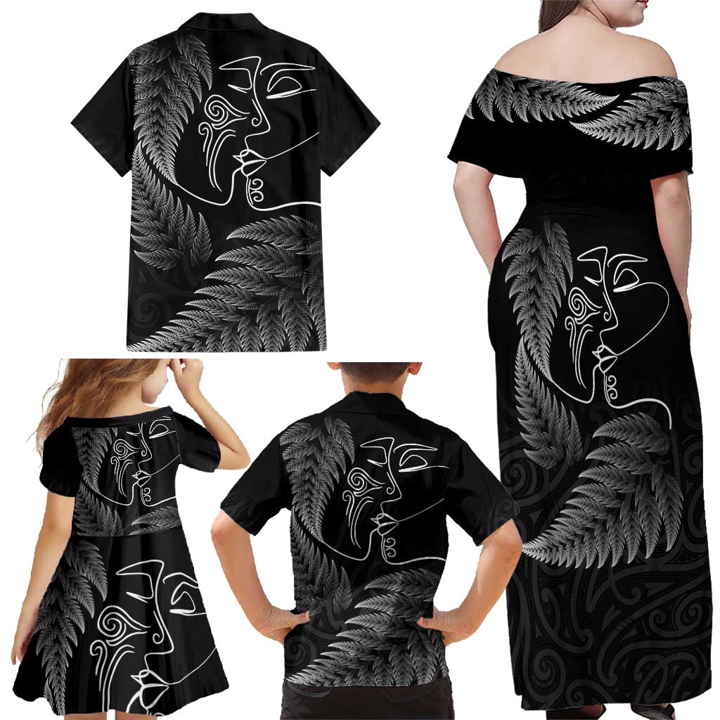New Zealand Valentine's Day Family Matching Off Shoulder Maxi Dress and Hawaiian Shirt Silver Fern and Line Art Love Couple LT03 - Polynesian Pride