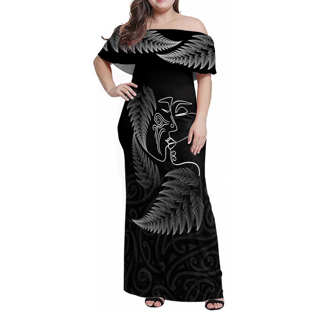 New Zealand Valentine's Day Family Matching Off Shoulder Maxi Dress and Hawaiian Shirt Silver Fern and Line Art Love Couple LT03 Mom's Dress Black - Polynesian Pride
