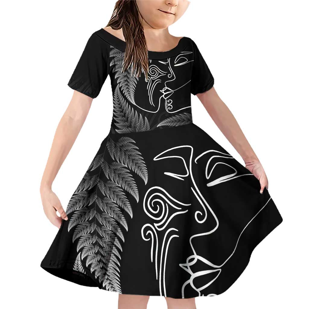 New Zealand Valentine's Day Family Matching Off Shoulder Short Dress and Hawaiian Shirt Silver Fern and Line Art Love Couple LT03 Daughter's Dress Black - Polynesian Pride