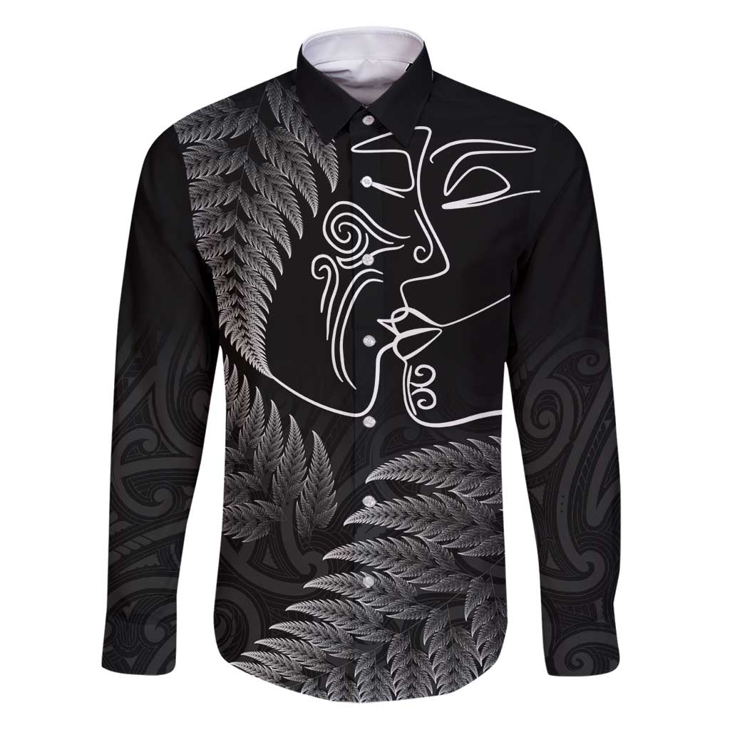 New Zealand Valentine's Day Family Matching Puletasi and Hawaiian Shirt Silver Fern and Line Art Love Couple LT03 Dad's Shirt - Long Sleeve Black - Polynesian Pride
