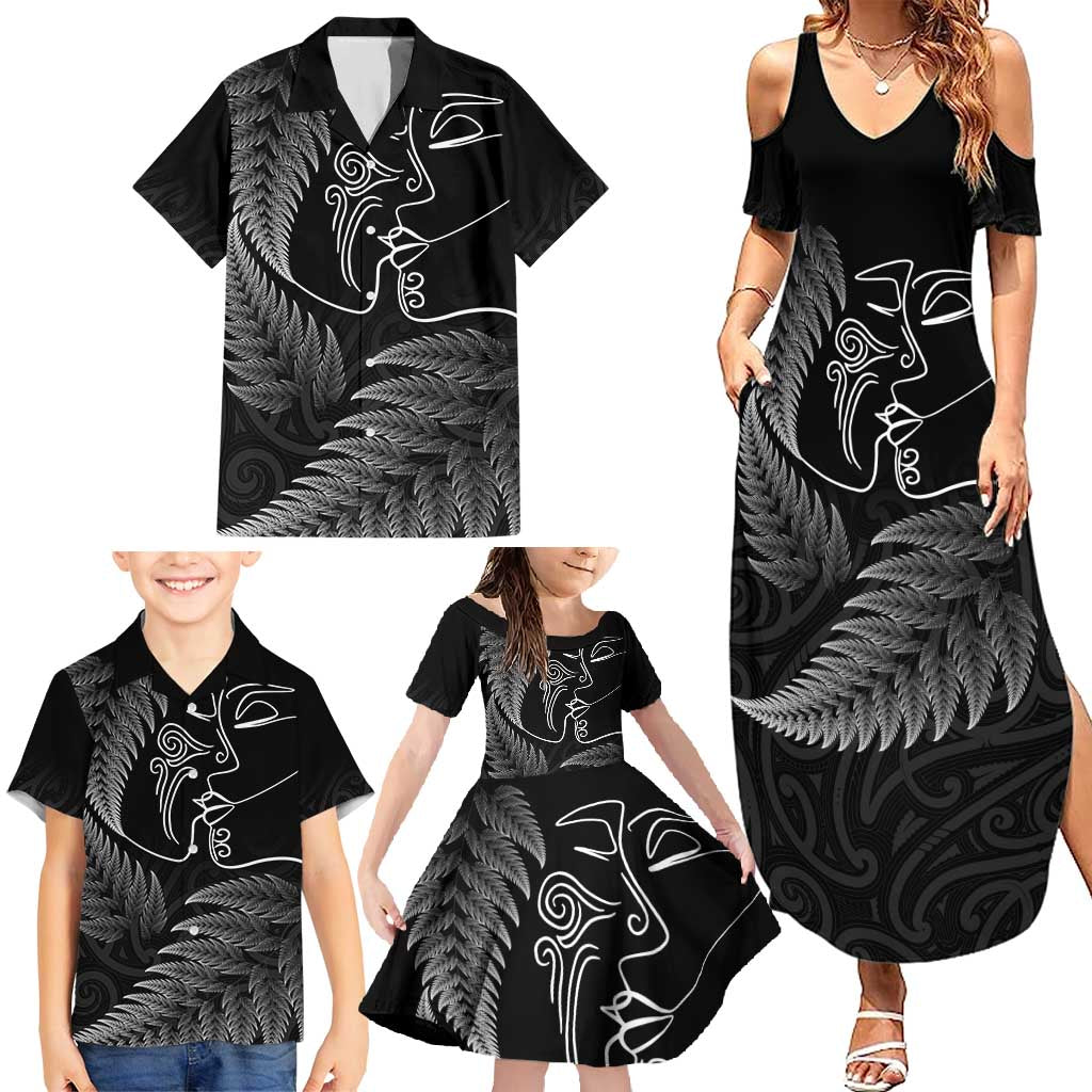 New Zealand Valentine's Day Family Matching Summer Maxi Dress and Hawaiian Shirt Silver Fern and Line Art Love Couple LT03 - Polynesian Pride