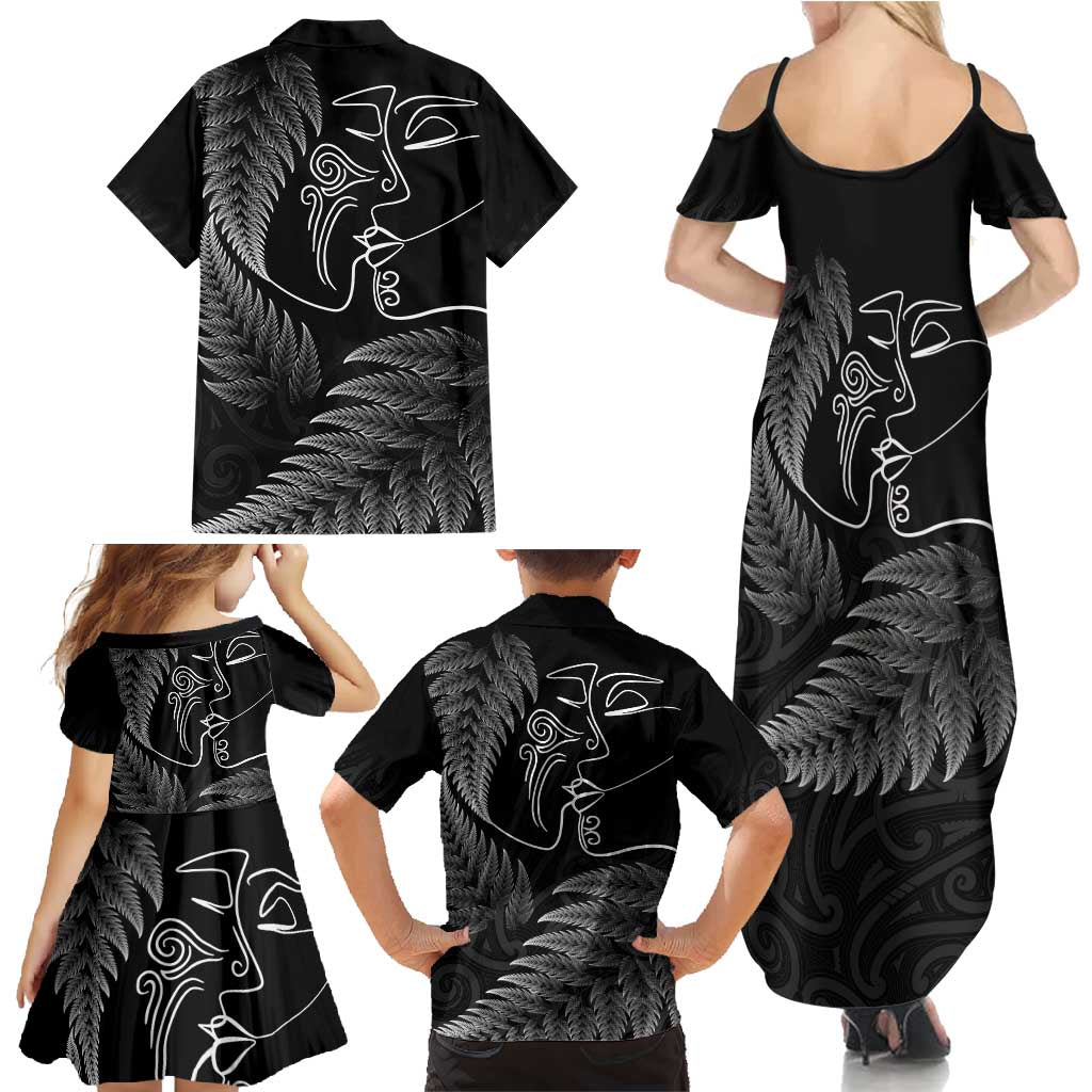 New Zealand Valentine's Day Family Matching Summer Maxi Dress and Hawaiian Shirt Silver Fern and Line Art Love Couple LT03 - Polynesian Pride
