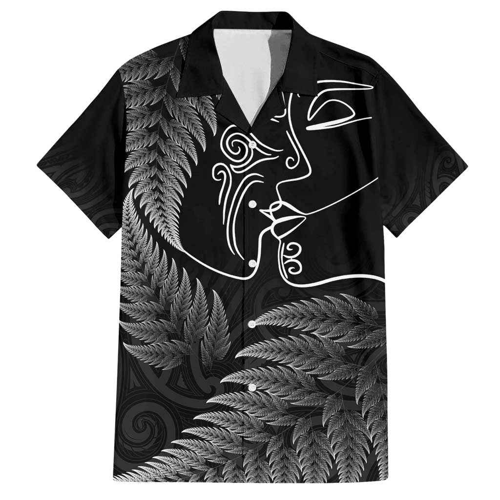 New Zealand Valentine's Day Family Matching Summer Maxi Dress and Hawaiian Shirt Silver Fern and Line Art Love Couple LT03 Dad's Shirt - Short Sleeve Black - Polynesian Pride