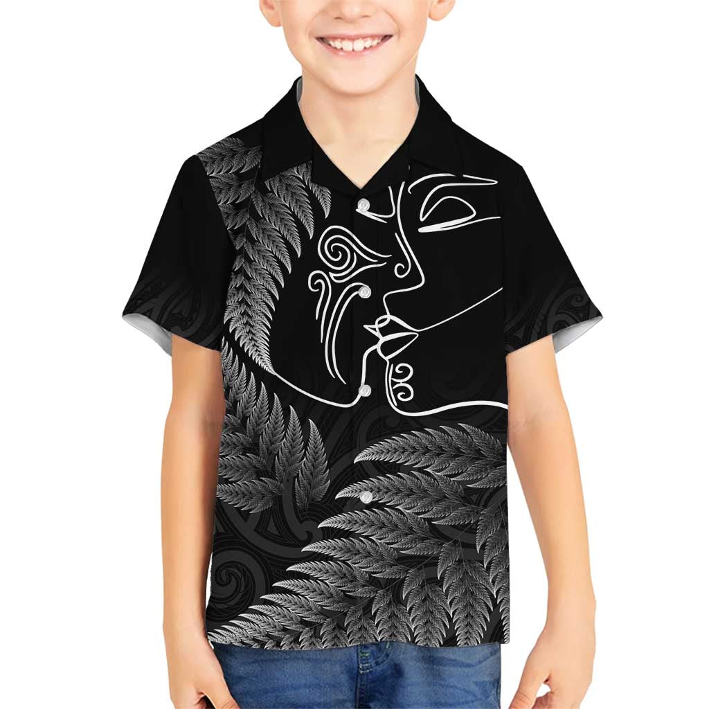 New Zealand Valentine's Day Family Matching Summer Maxi Dress and Hawaiian Shirt Silver Fern and Line Art Love Couple LT03 Son's Shirt Black - Polynesian Pride