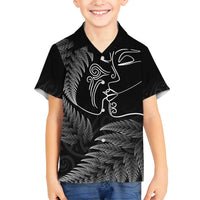 New Zealand Valentine's Day Family Matching Summer Maxi Dress and Hawaiian Shirt Silver Fern and Line Art Love Couple LT03 Son's Shirt Black - Polynesian Pride