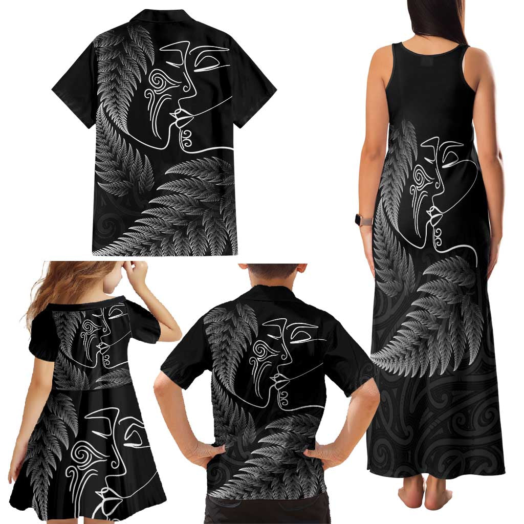 New Zealand Valentine's Day Family Matching Tank Maxi Dress and Hawaiian Shirt Silver Fern and Line Art Love Couple LT03 - Polynesian Pride