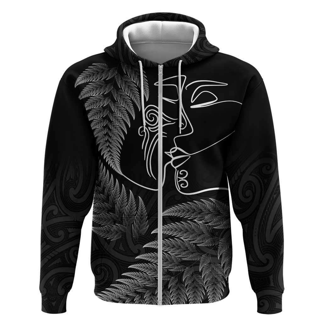 New Zealand Valentine's Day Hoodie Silver Fern and Line Art Love Couple LT03 Zip Hoodie Black - Polynesian Pride