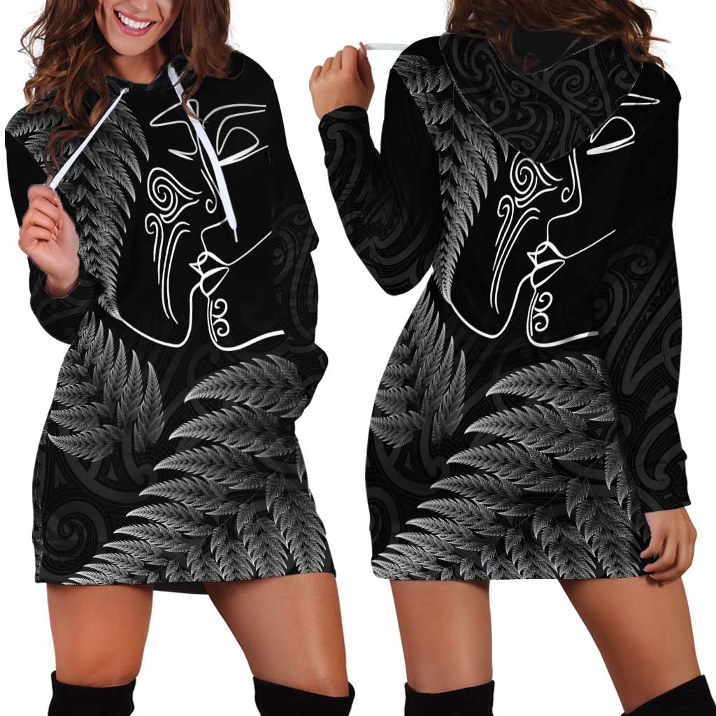 New Zealand Valentine's Day Hoodie Dress Silver Fern and Line Art Love Couple LT03 - Polynesian Pride