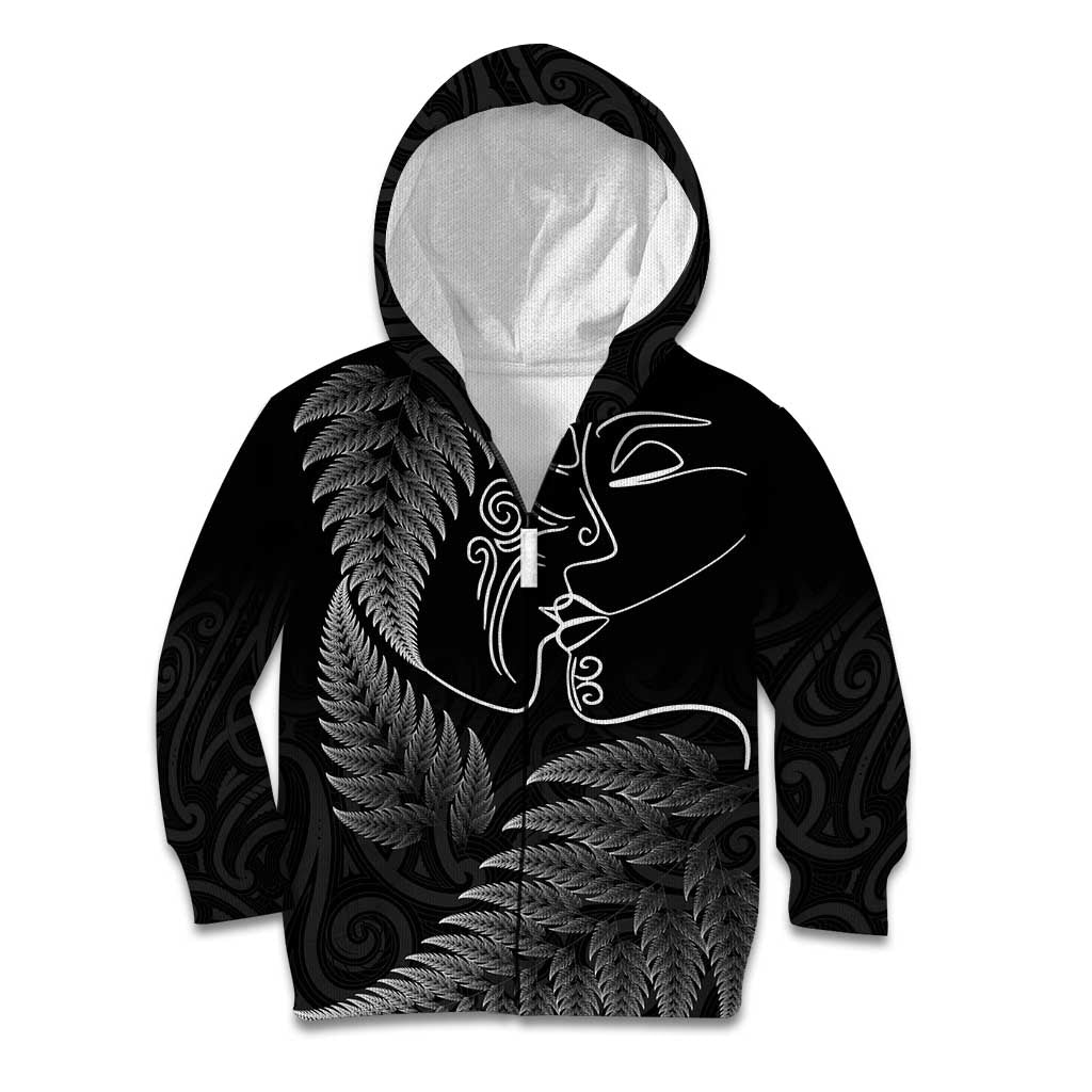 New Zealand Valentine's Day Kid Hoodie Silver Fern and Line Art Love Couple LT03 Zip Hoodie Black - Polynesian Pride