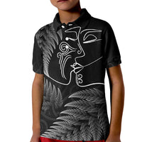 New Zealand Valentine's Day Kid Polo Shirt Silver Fern and Line Art Love Couple LT03 Kid Black - Polynesian Pride