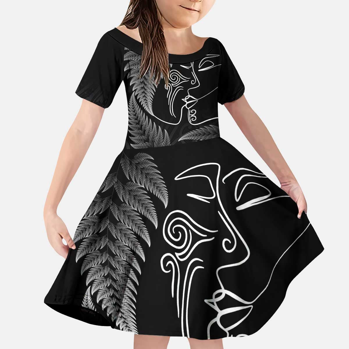 New Zealand Valentine's Day Kid Short Sleeve Dress Silver Fern and Line Art Love Couple LT03 KID Black - Polynesian Pride