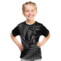 New Zealand Valentine's Day Kid T Shirt Silver Fern and Line Art Love Couple LT03 Black - Polynesian Pride