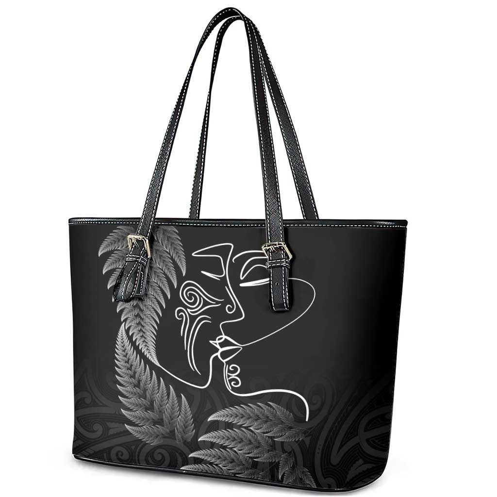 New Zealand Valentine's Day Leather Tote Bag Silver Fern and Line Art Love Couple LT03 - Polynesian Pride
