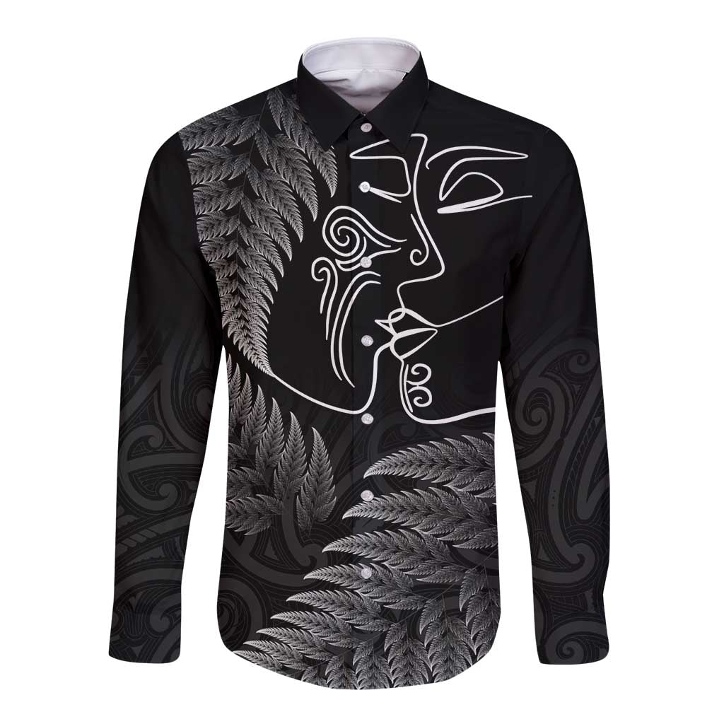 New Zealand Valentine's Day Long Sleeve Button Shirt Silver Fern and Line Art Love Couple LT03 Unisex Black - Polynesian Pride