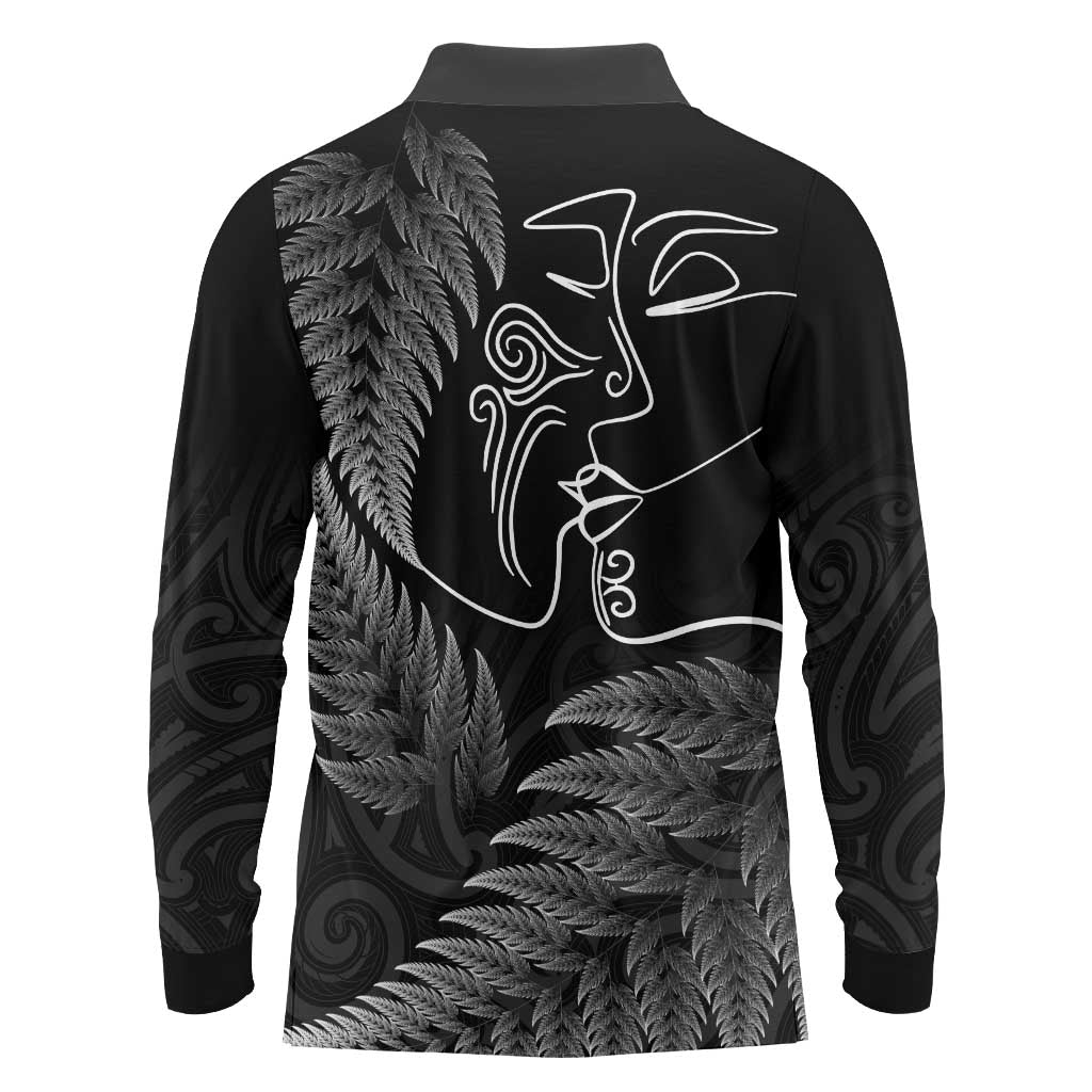 New Zealand Valentine's Day Long Sleeve Polo Shirt Silver Fern and Line Art Love Couple LT03 - Polynesian Pride