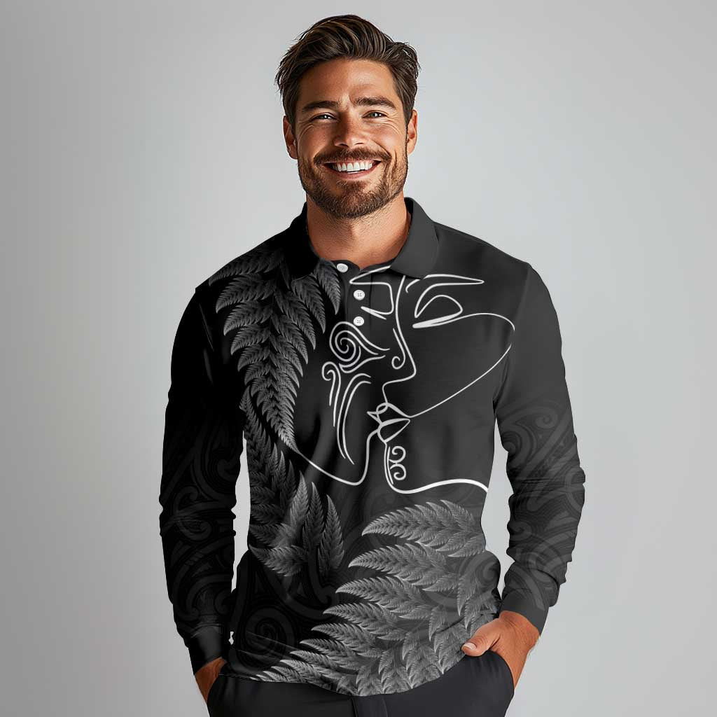 New Zealand Valentine's Day Long Sleeve Polo Shirt Silver Fern and Line Art Love Couple LT03 - Polynesian Pride