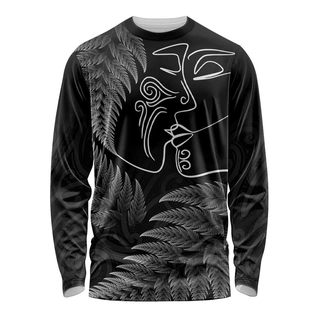 New Zealand Valentine's Day Long Sleeve Shirt Silver Fern and Line Art Love Couple LT03 Unisex Black - Polynesian Pride