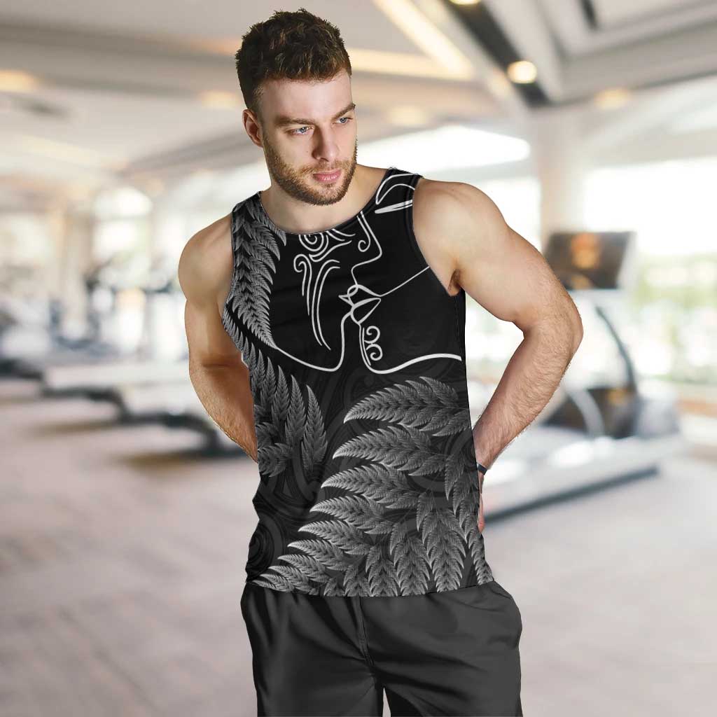 New Zealand Valentine's Day Men Tank Top Silver Fern and Line Art Love Couple LT03 Black - Polynesian Pride