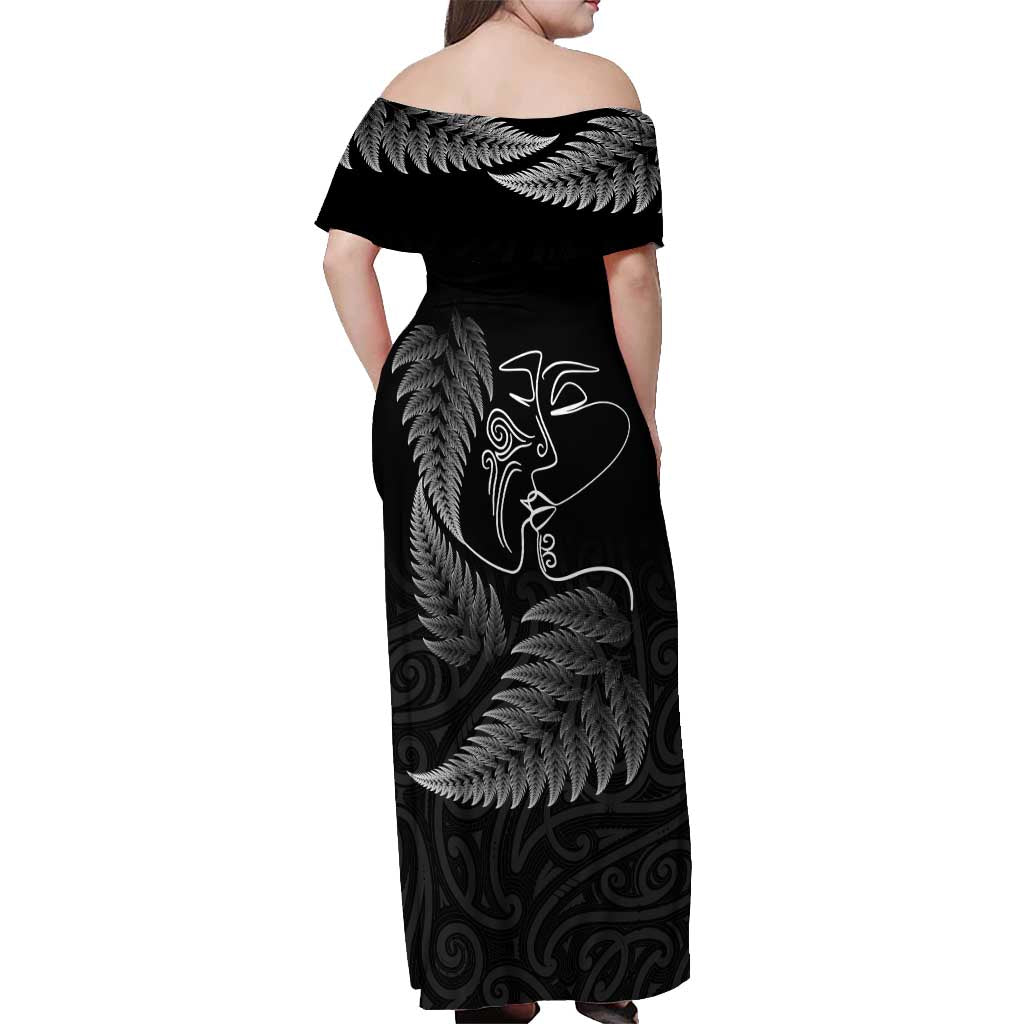 New Zealand Valentine's Day Off Shoulder Maxi Dress Silver Fern and Line Art Love Couple LT03 - Polynesian Pride