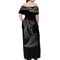 New Zealand Valentine's Day Off Shoulder Maxi Dress Silver Fern and Line Art Love Couple LT03 - Polynesian Pride