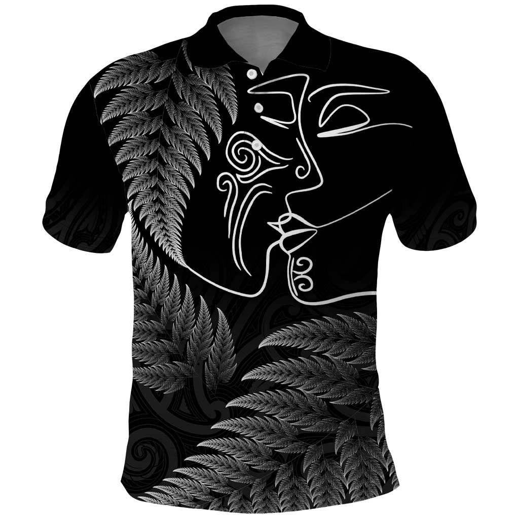 New Zealand Valentine's Day Polo Shirt Silver Fern and Line Art Love Couple LT03 Black - Polynesian Pride