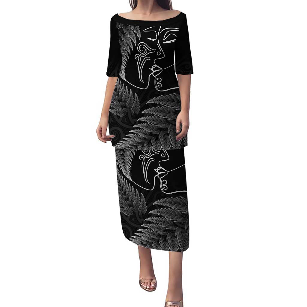 New Zealand Valentine's Day Puletasi Silver Fern and Line Art Love Couple LT03 Long Dress Black - Polynesian Pride