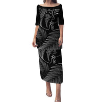 New Zealand Valentine's Day Puletasi Silver Fern and Line Art Love Couple LT03 Long Dress Black - Polynesian Pride