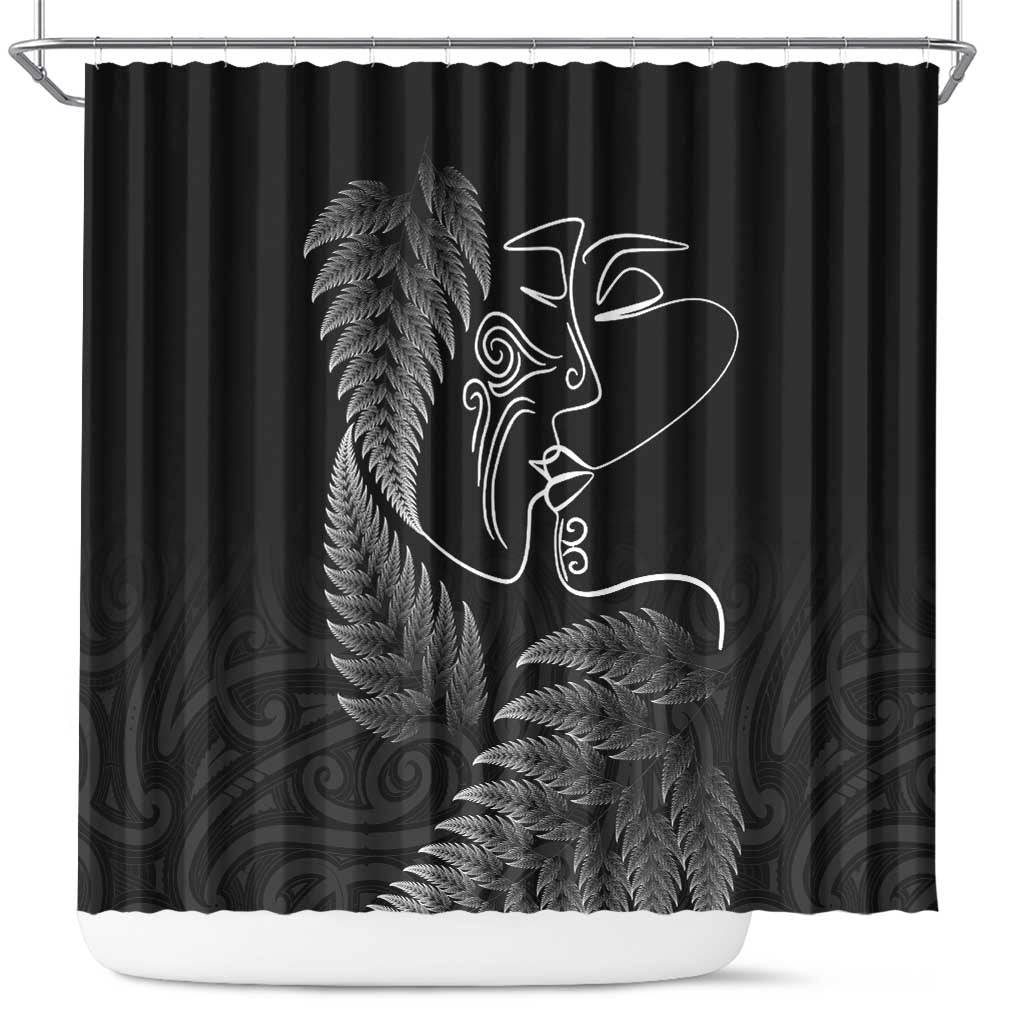 New Zealand Valentine's Day Shower Curtain Silver Fern and Line Art Love Couple LT03 Black - Polynesian Pride