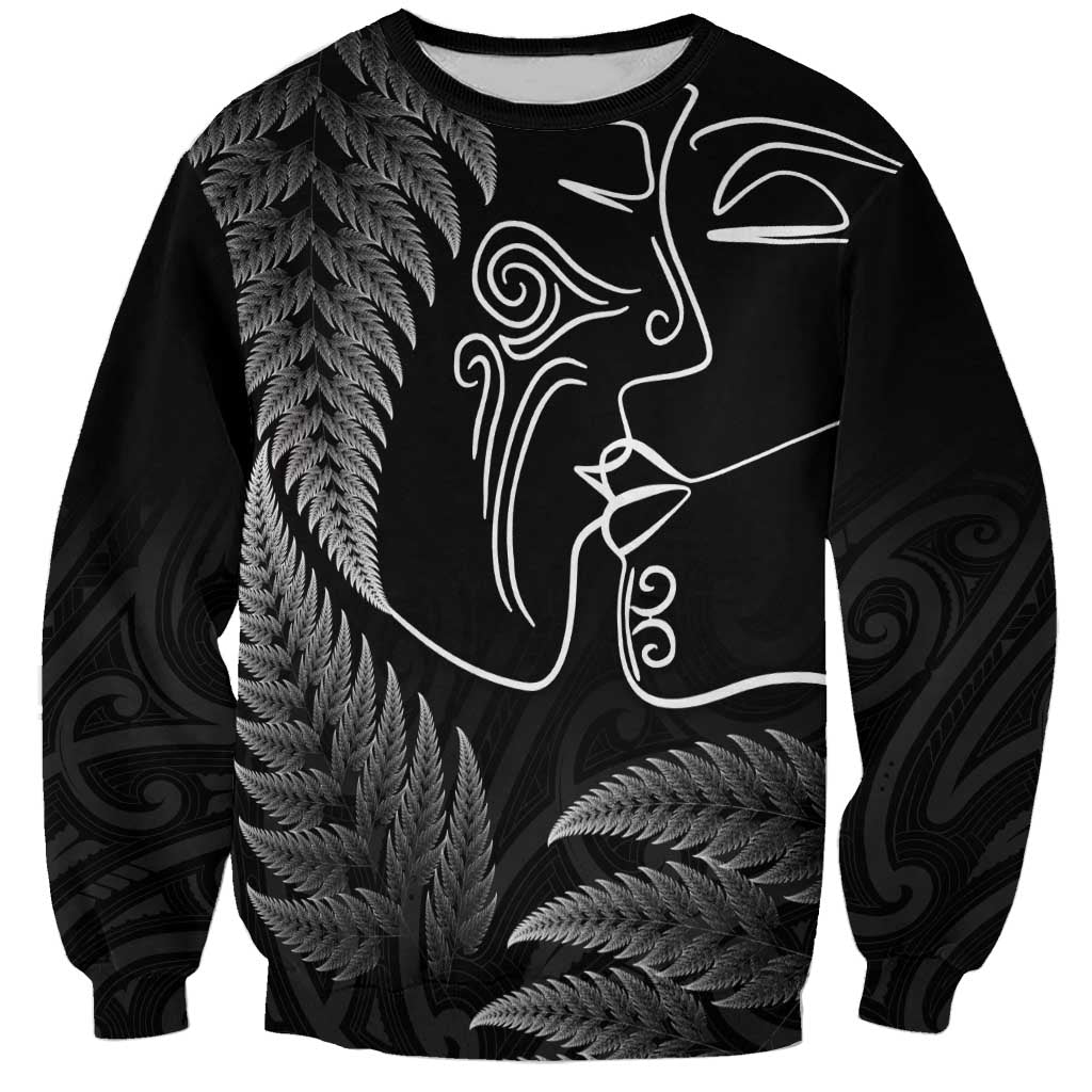 New Zealand Valentine's Day Sweatshirt Silver Fern and Line Art Love Couple LT03 Unisex Black - Polynesian Pride