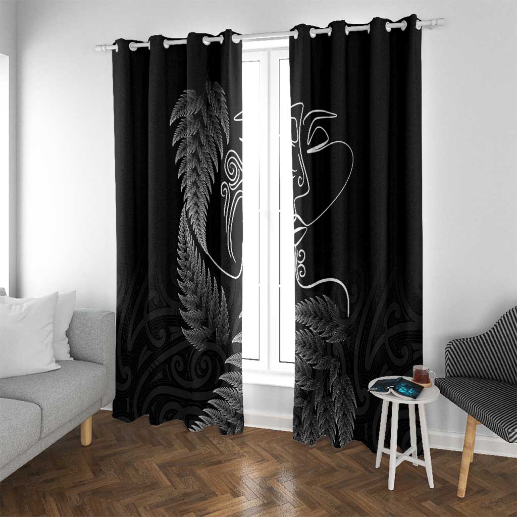 New Zealand Valentine's Day Window Curtain Silver Fern and Line Art Love Couple LT03 With Grommets Black - Polynesian Pride