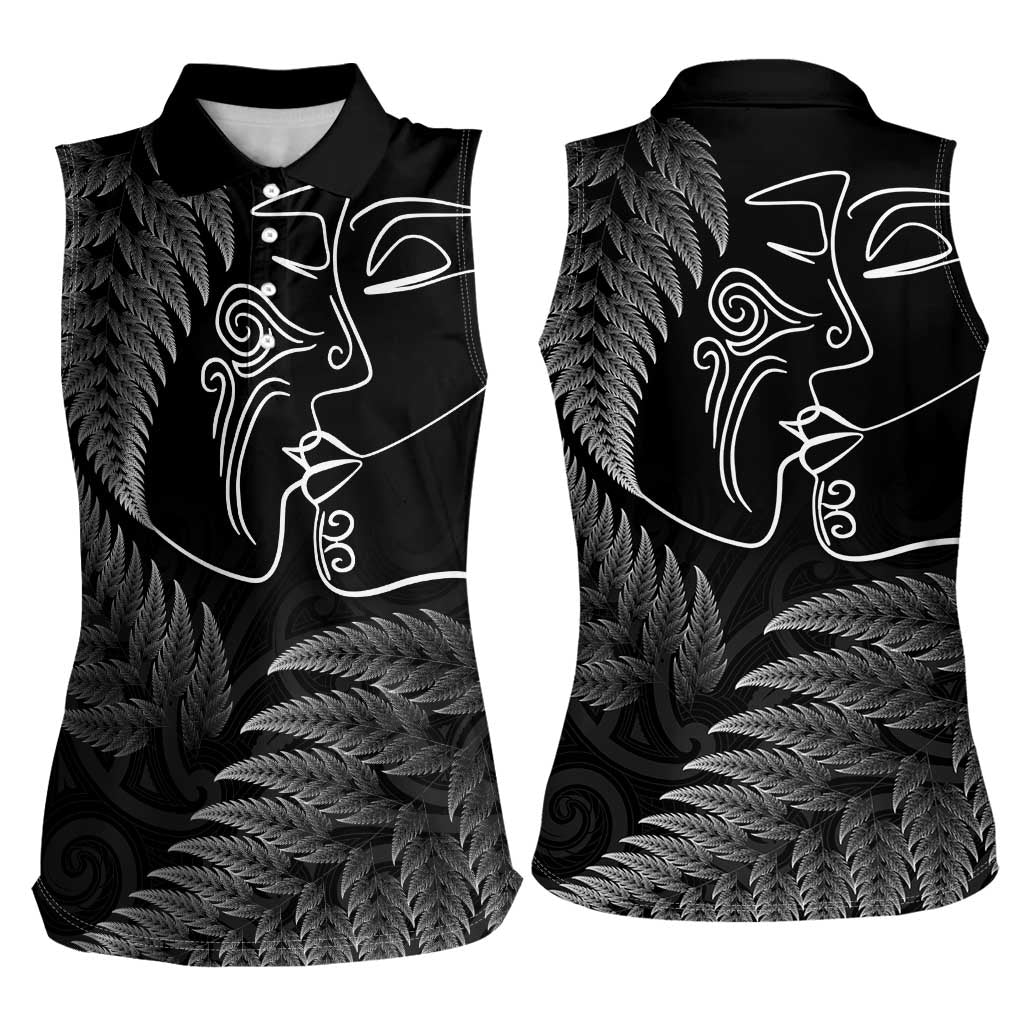 New Zealand Valentine's Day Women Sleeveless Polo Shirt Silver Fern and Line Art Love Couple LT03 - Polynesian Pride