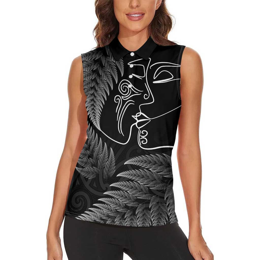 New Zealand Valentine's Day Women Sleeveless Polo Shirt Silver Fern and Line Art Love Couple LT03 - Polynesian Pride