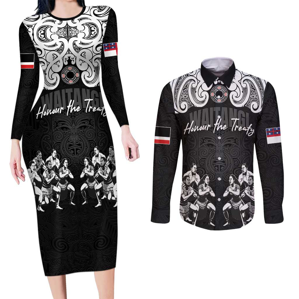 Aotearoa Waitangi Day - Toitu Te Tiriti Couples Matching Long Sleeve Bodycon Dress and Long Sleeve Button Shirt New Zealand Honour the Treaty LT03 Black - Polynesian Pride