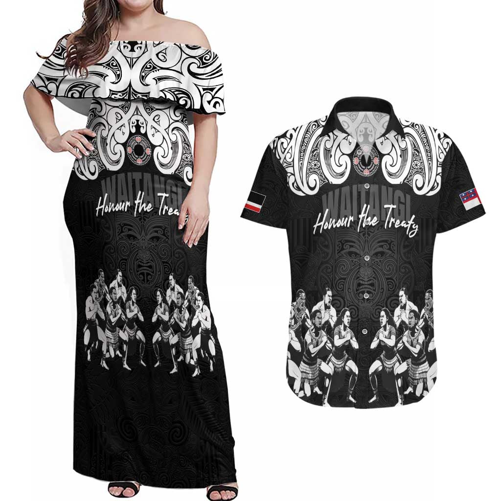 Aotearoa Waitangi Day - Toitu Te Tiriti Couples Matching Off Shoulder Maxi Dress and Hawaiian Shirt New Zealand Honour the Treaty LT03 Black - Polynesian Pride